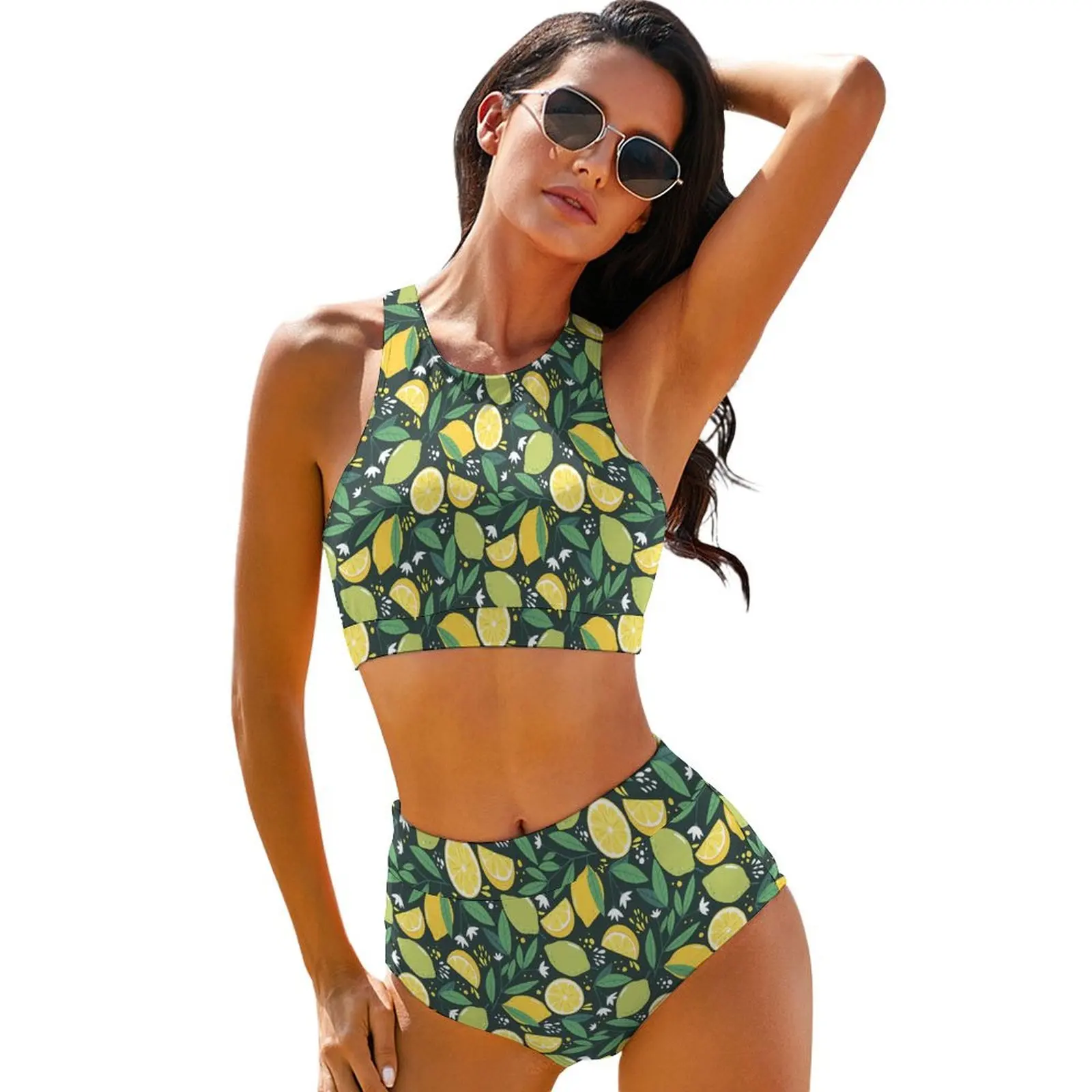 Sexy Fruit Print Bikini Swimsuit Yellow and Green Lemon Swimwear High Waisted Retro Bikini Set Push Up Swimsuits Plus Size 2XL