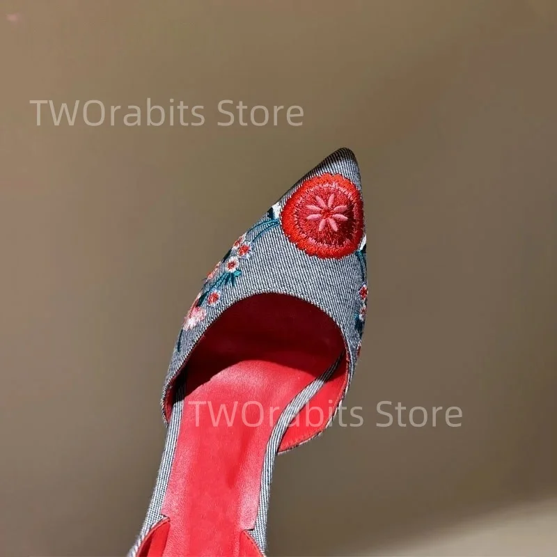 صنادل الزهور المطرزة يدويا العرقية خمر فستان حلو المرأة الدنيم حفلة عطلة نسيج خشبي حزام الظهر عالية الكعب جديد #6