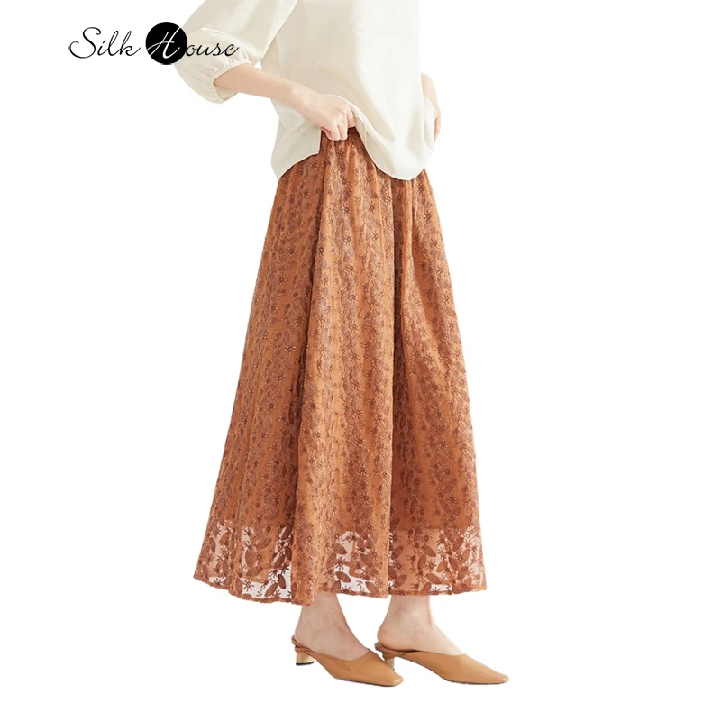 

Women's Fashion Early Autumn New 100% Natural Mulberry Silk Embroidered Ochre Color Elastic Waist A-line Skirt