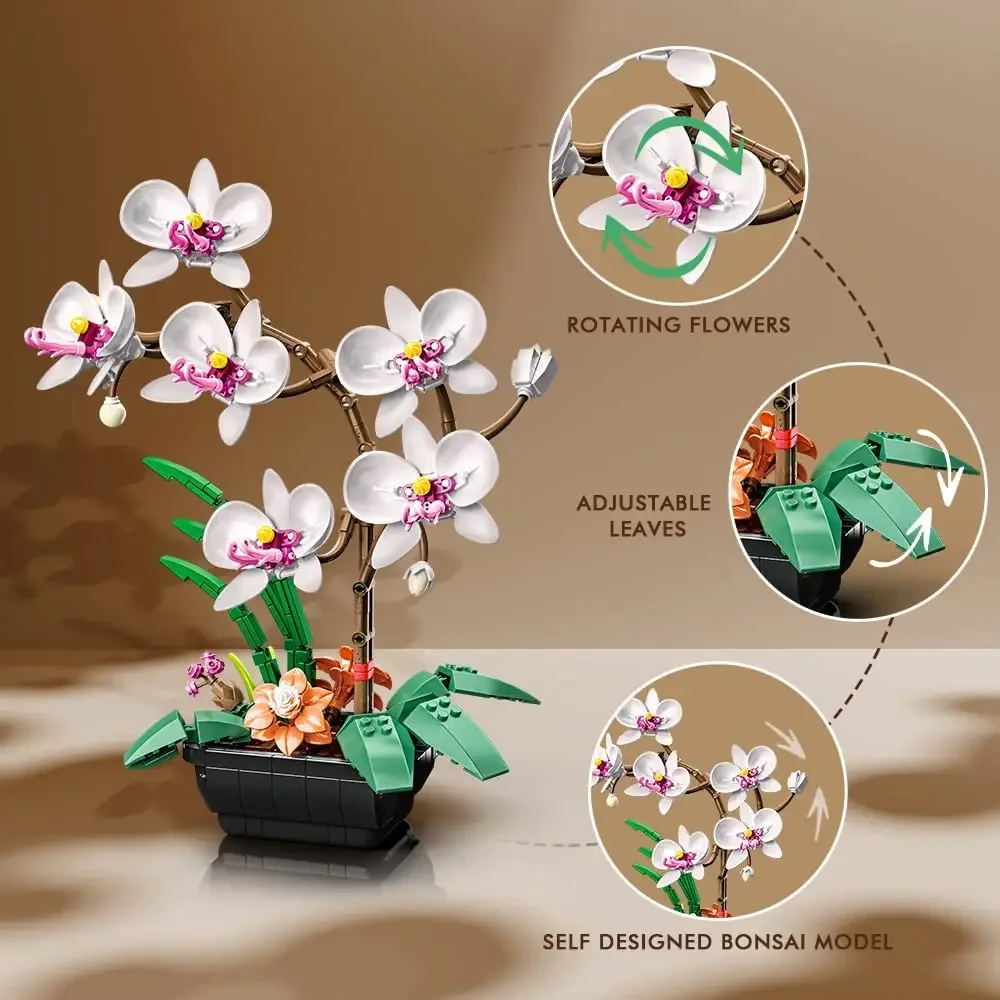 Orchid Flowers Building Kit Creative Botanical Collection Decor Building Blocks Artificial Plant Bonsai Display Home Decoration