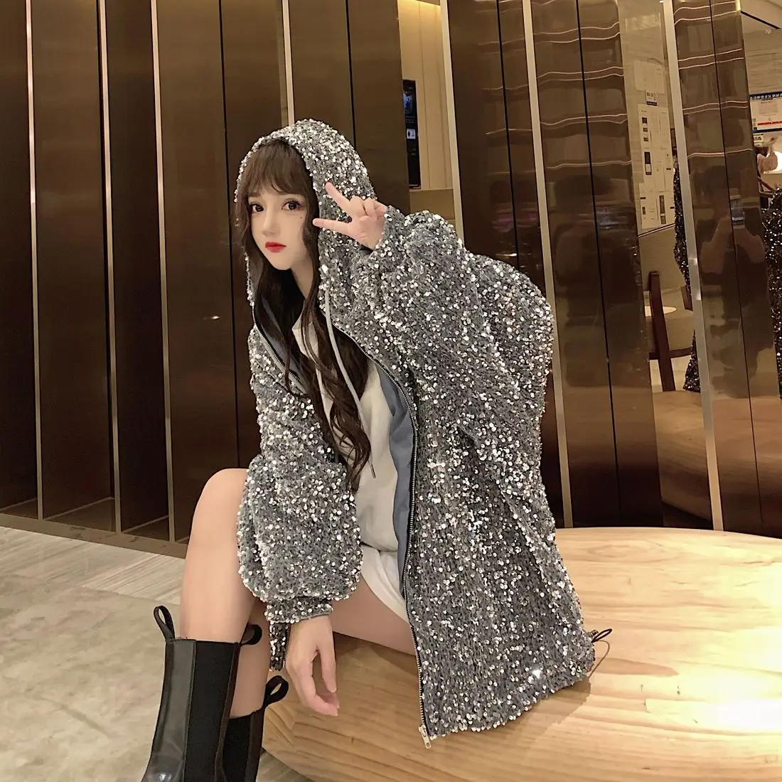 Spring Autumn Girls Fashion Sequin Hooded Jacket Short Coat