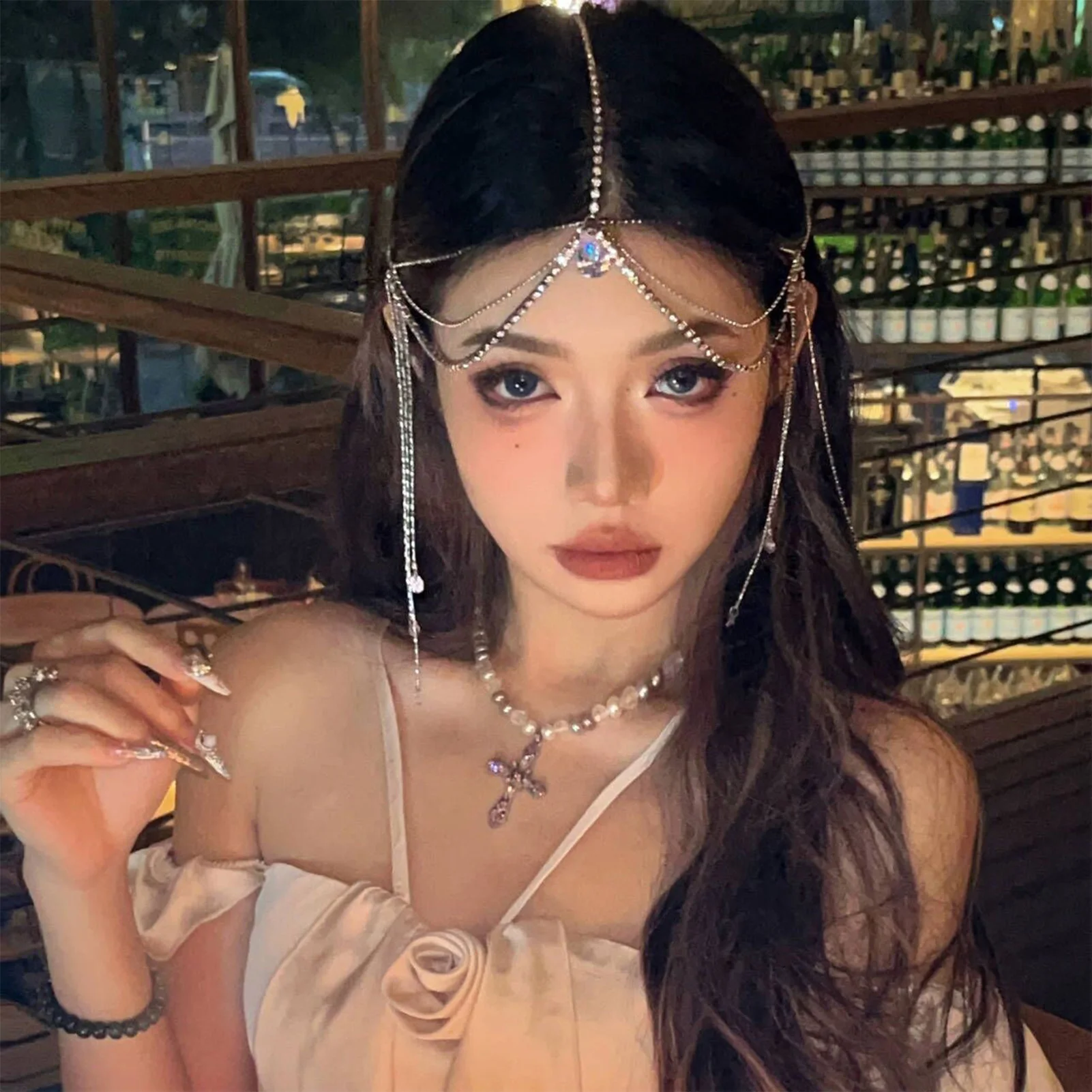 Exotic Style Hair Chain For Women Girl Trendy Glitter Rhinestone Hair Hoop Exquisite Bead String Headband Jewelry Forehead Chain