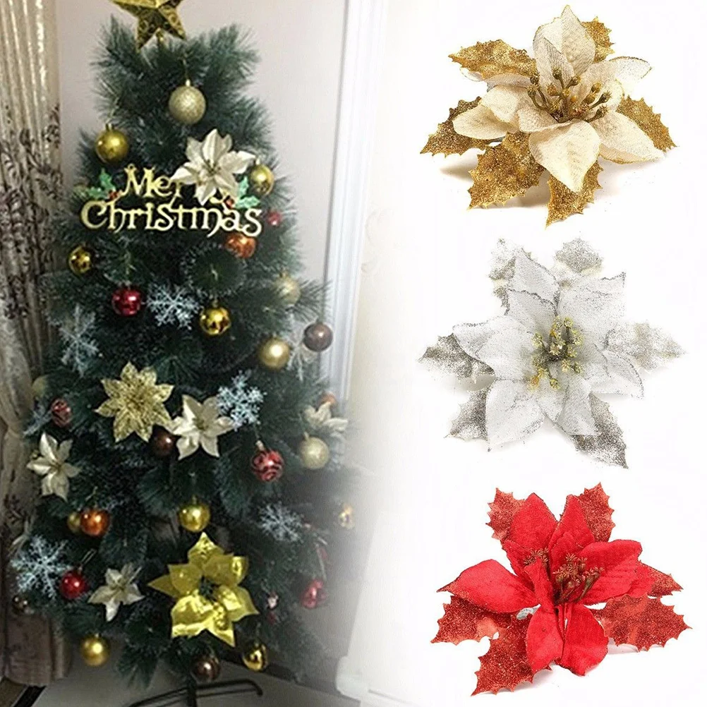 

24pcs Christmas Flower Decorative Simulation Gold Powder Artificial Flowers For Christmas Tree Hanging Ornament Glitter Fake
