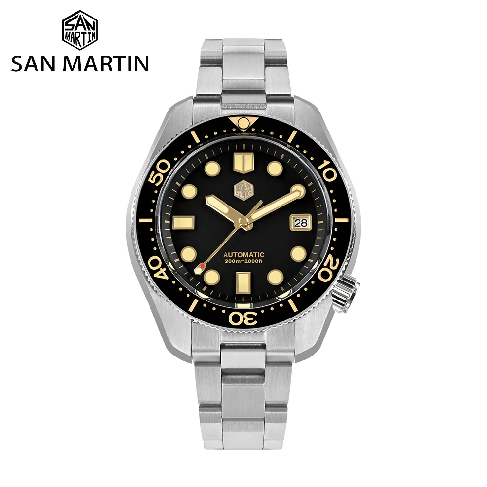 Reloj de Buceo para Hombre San Martin Design de 44 mm, Modelo MM300, Deportivo, de Acero, Vintage, con Movimiento Automático Mecánico NH35, Cristal de Zafiro, Resistente al Agua 300 m, Luminoso, SN0087