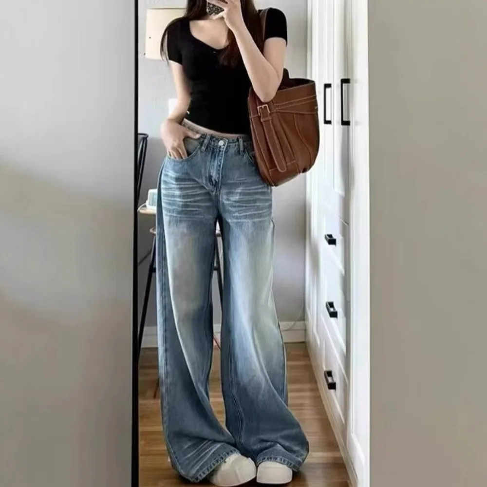 

Women's Spring New High-Waisted Light-Colored Jeans with Texture, Slimming Straight Leg, Drapey Floor-Length Pants