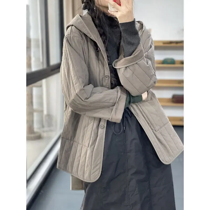 Japanese High-end Cotton Jacket Autumn Winter Women Quilted Cotton-padded Jacket Vintage Hooded Parka Loose Casual Puffer Jacket