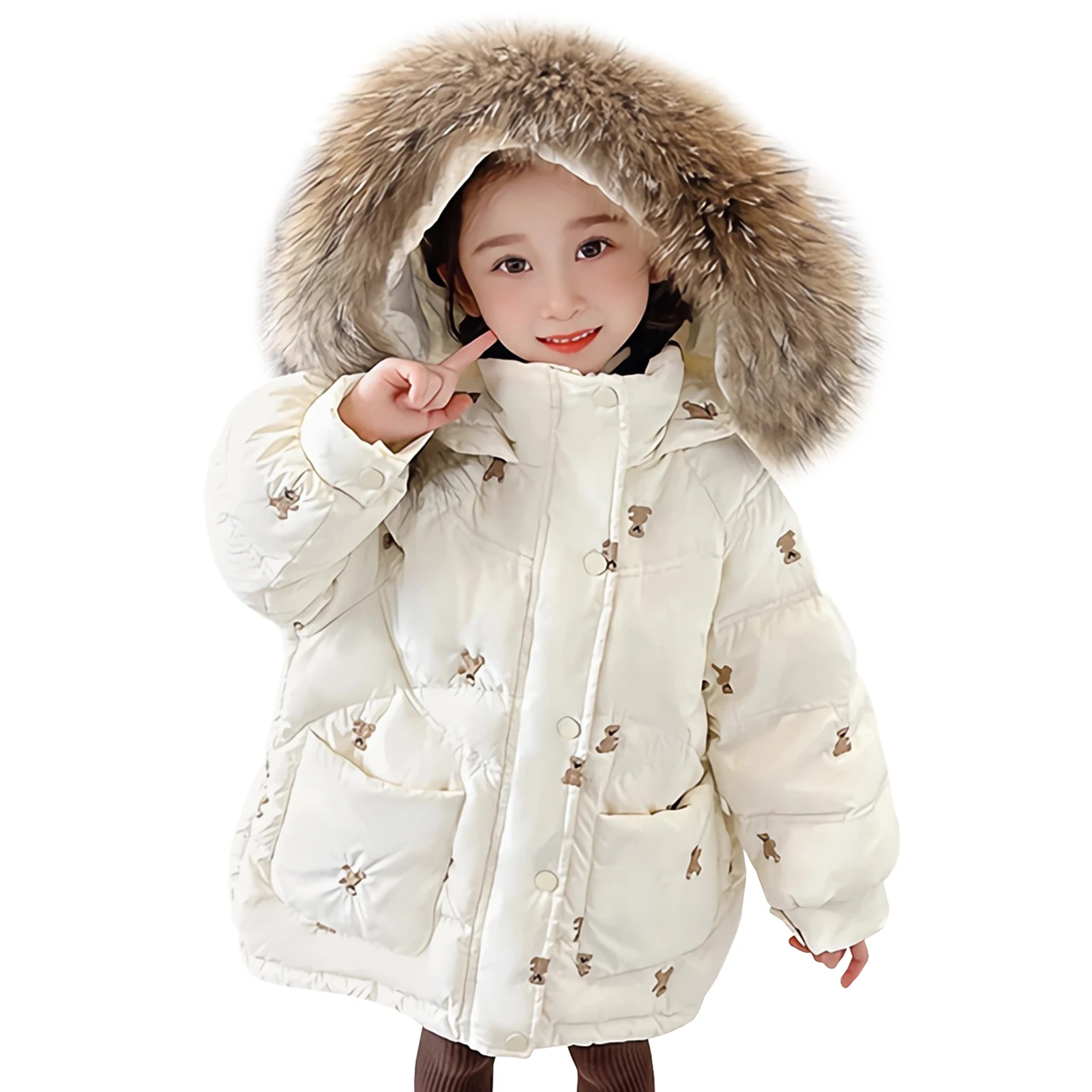 

Children's Down Jacket Girls Winter Jacket Fur Hood Windproof Warm Thick Quilted Coat Embroidery Kids Down Cotton Puffy Coat