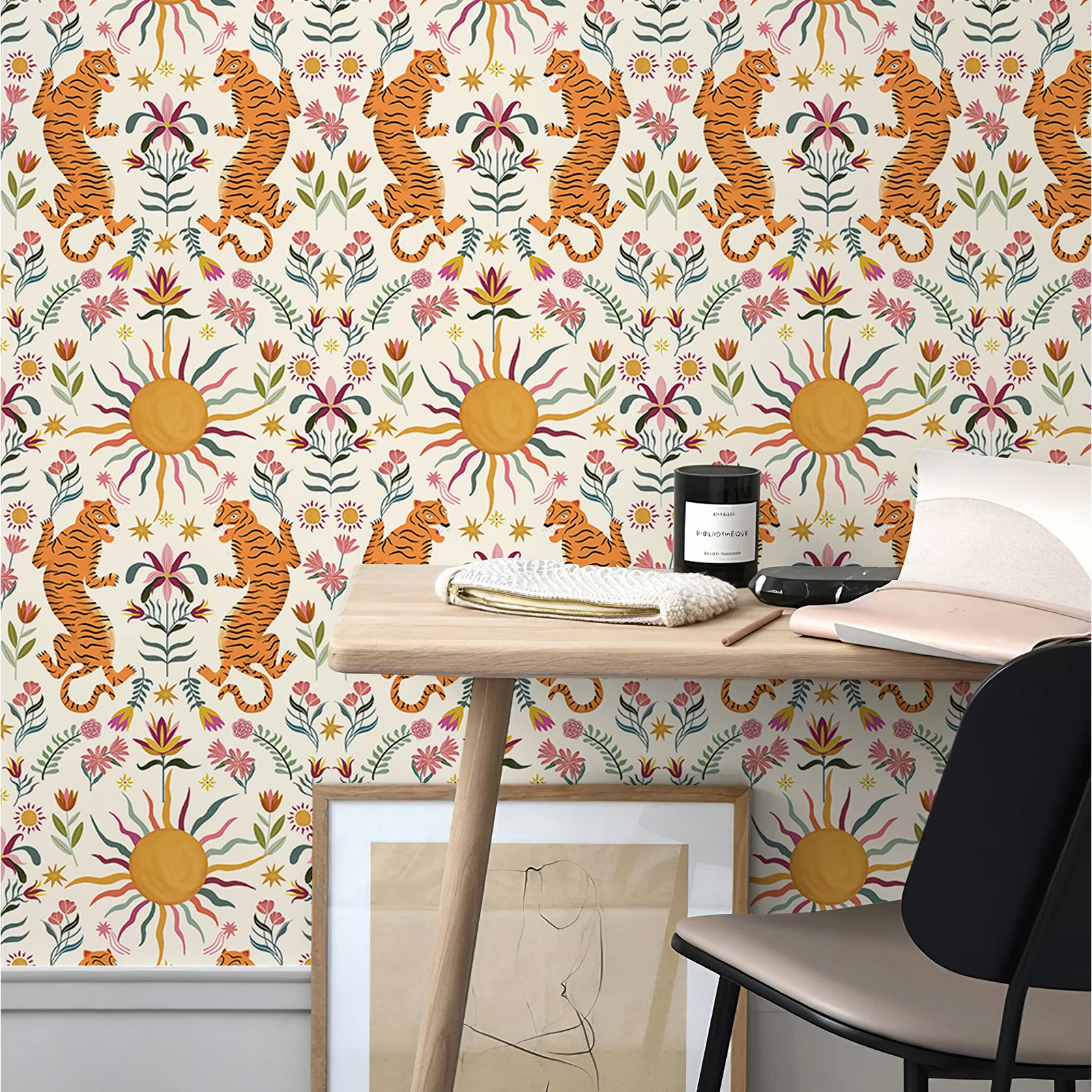Cute Beige Tiger Vinyl Wallpaper Waterproof Animal Cartoon Peel And Stick Furniture Cabinet Sticker For Living Room