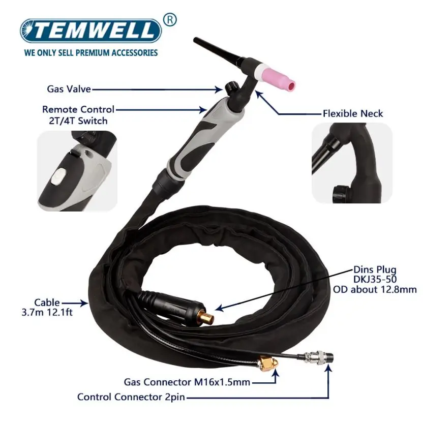 180A WP17-FV TIG Torch 3.7m GTAW Air Cooling Flexible Neck Gas Valve WP17 Tig Welding Gun