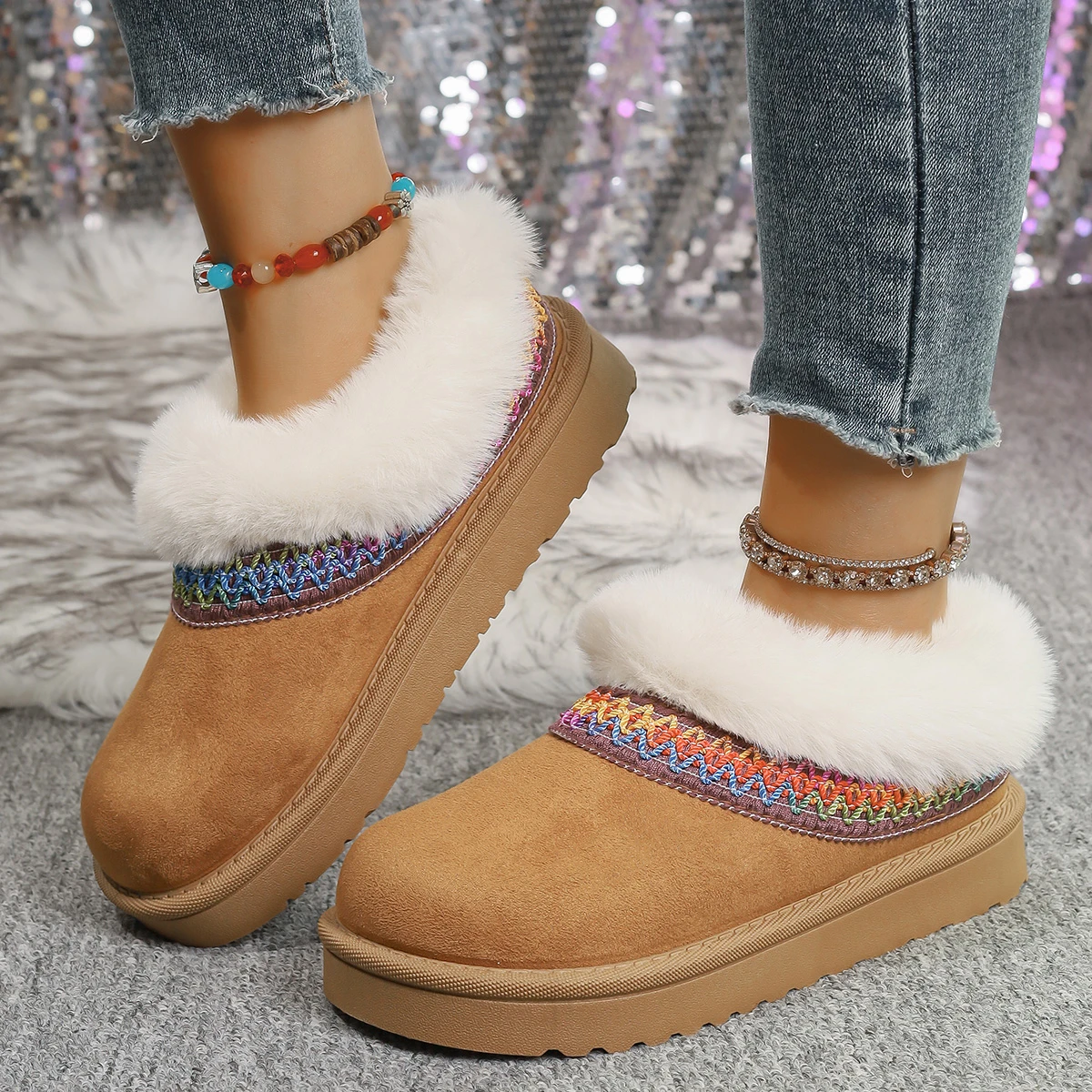 

Casual Ethnic Embroidery Snow Boots Women 2025 Soft Thick Bottom Short Plush Snow Boots Winter Warm Knitted Boot Tube Shoes
