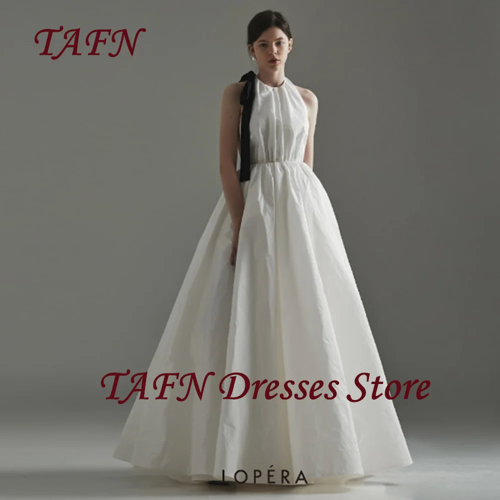 

TAFN Simple A Line Wedding Dress Korea Photo Shoot O Neck Sleeveless Bridal Gown Pleates Taffeta Black Bow Customized