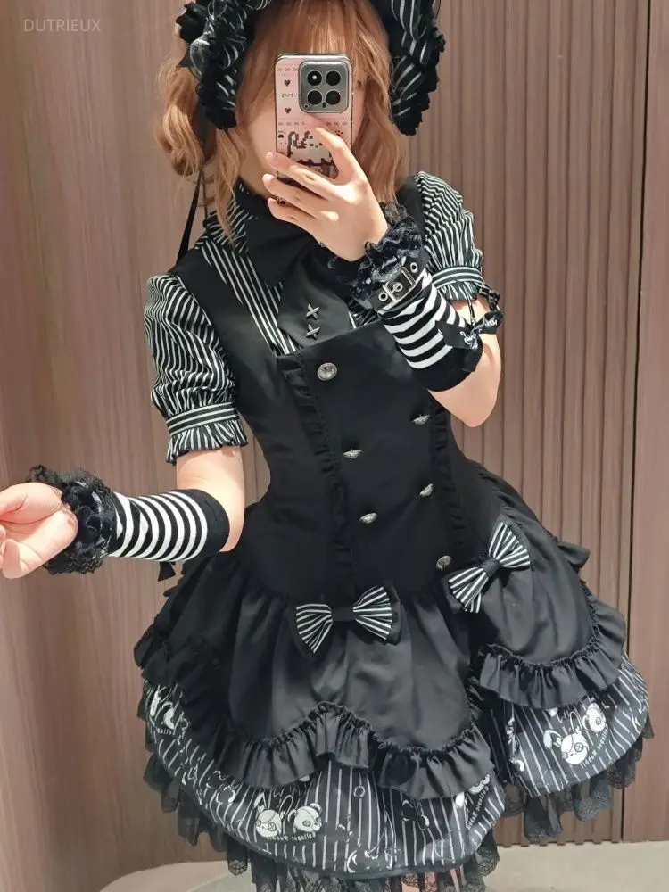 Japanese Retro 2-piece Summer Dark Style Long Sleeved Shirt With Black Cinched Waist And Pleated Shoulder Strap Skirt Subculture