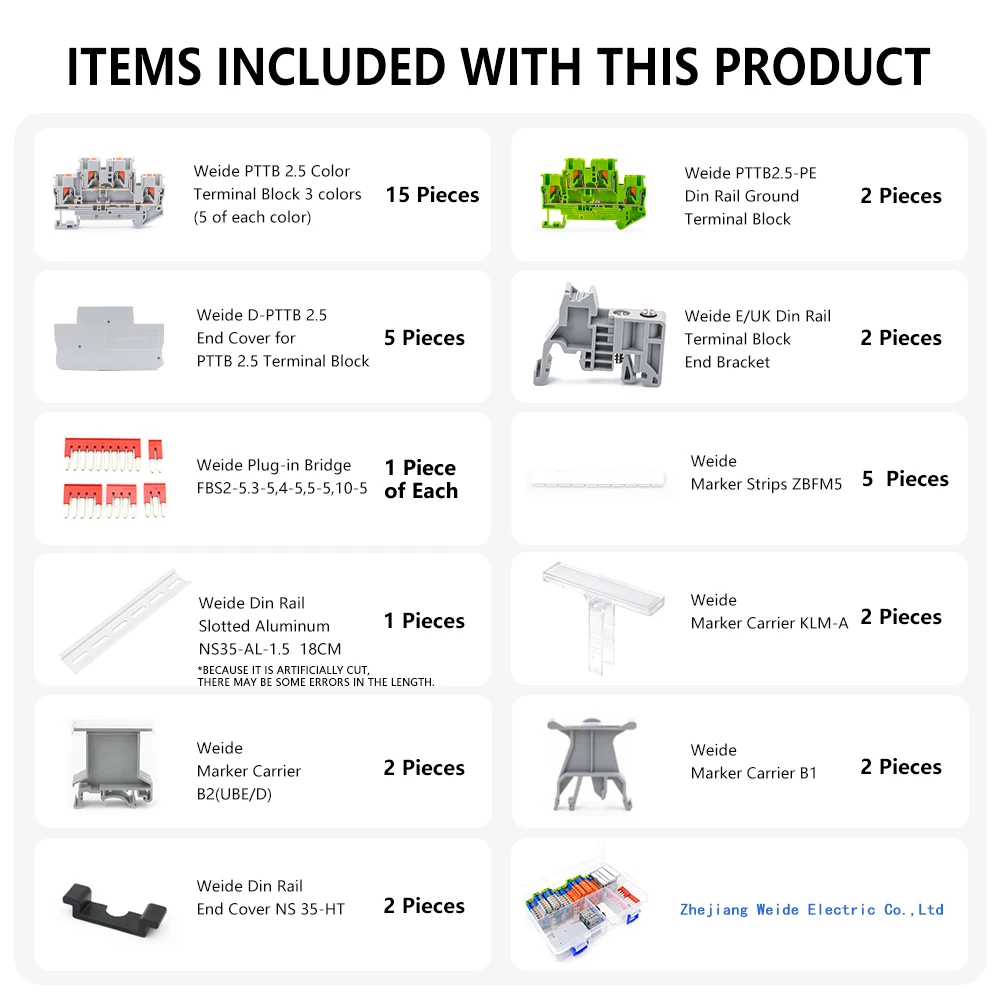 PTTB2.5 Din Rail Terminal Block Kit 12AWG Spring Type End Cover Stop Plug-In Jumper Bridge Marker Strip Assembly Combined 1Set