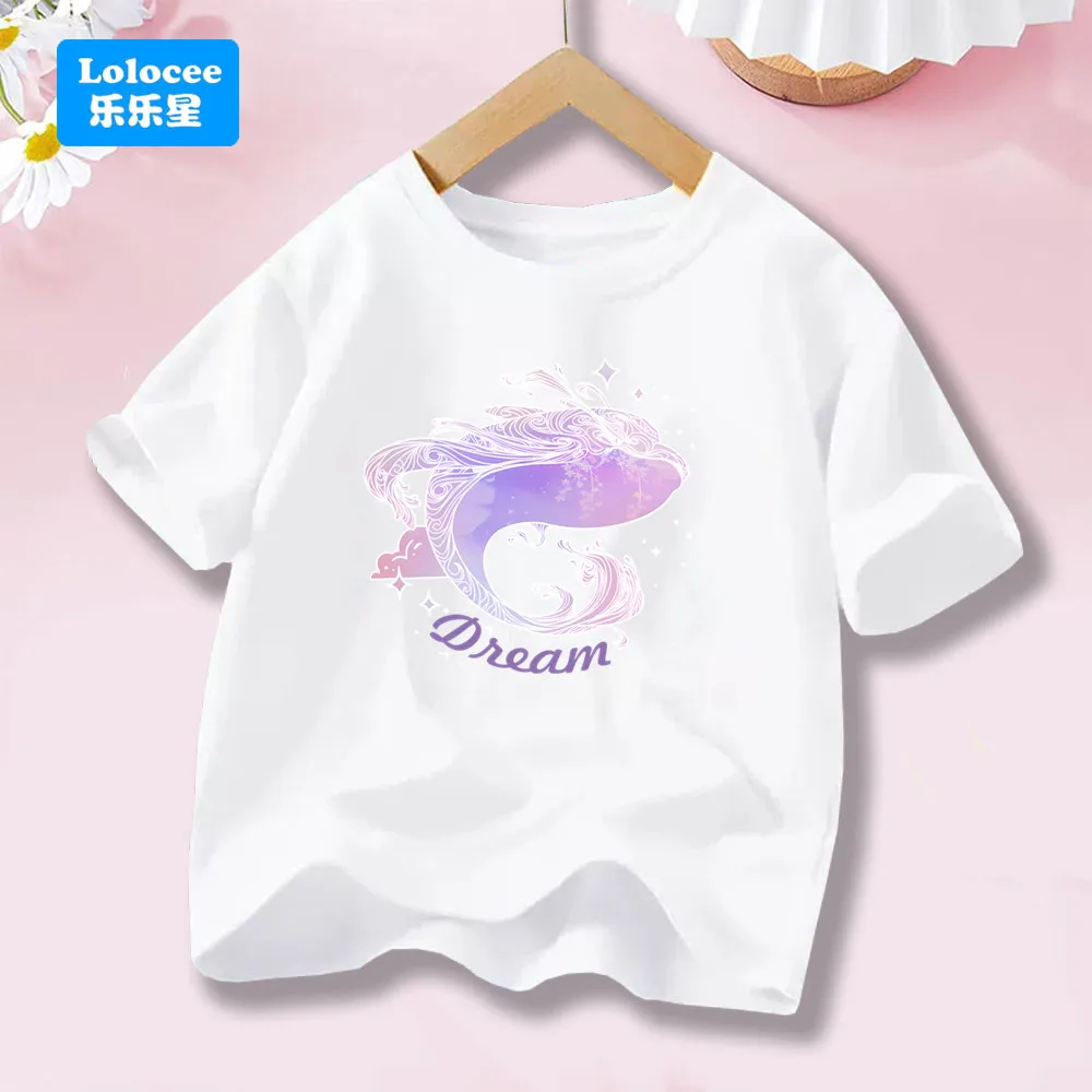 Korea Children's Clothes 2026 Summer T Shirt Whale Cartoon Pattern Tops Fashion Girls Short Sleeve Cotton Tees Girls Clothes JY1