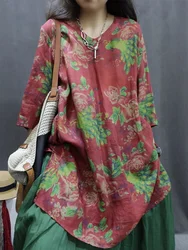 Casual Cotton Linen Women's Shirt Loose V-Neck Three-Quarter Sleeve Printed Midi-Length Artistic Blouse Dress