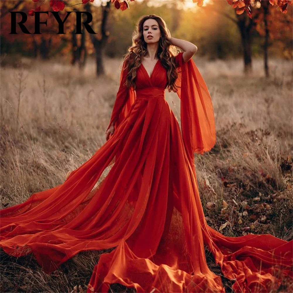 

RFYR Red فساتين السهرة Deep V-Neck Beach Chiffon Prom Dress Loose Long Sleeve Backless Party Dress Sweep Train Prom Dress