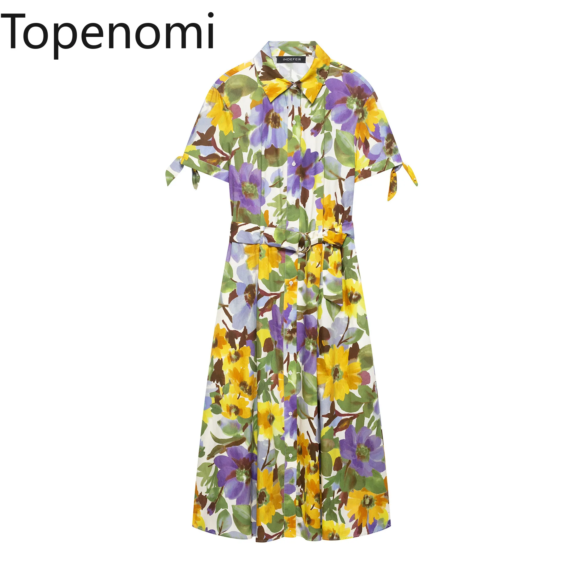 

Topenomi Floral Print Short Sleeve Dress Women Summer Vintage Lapel Belt Waist Single Breasted A-line Long Dresses Beach Robes