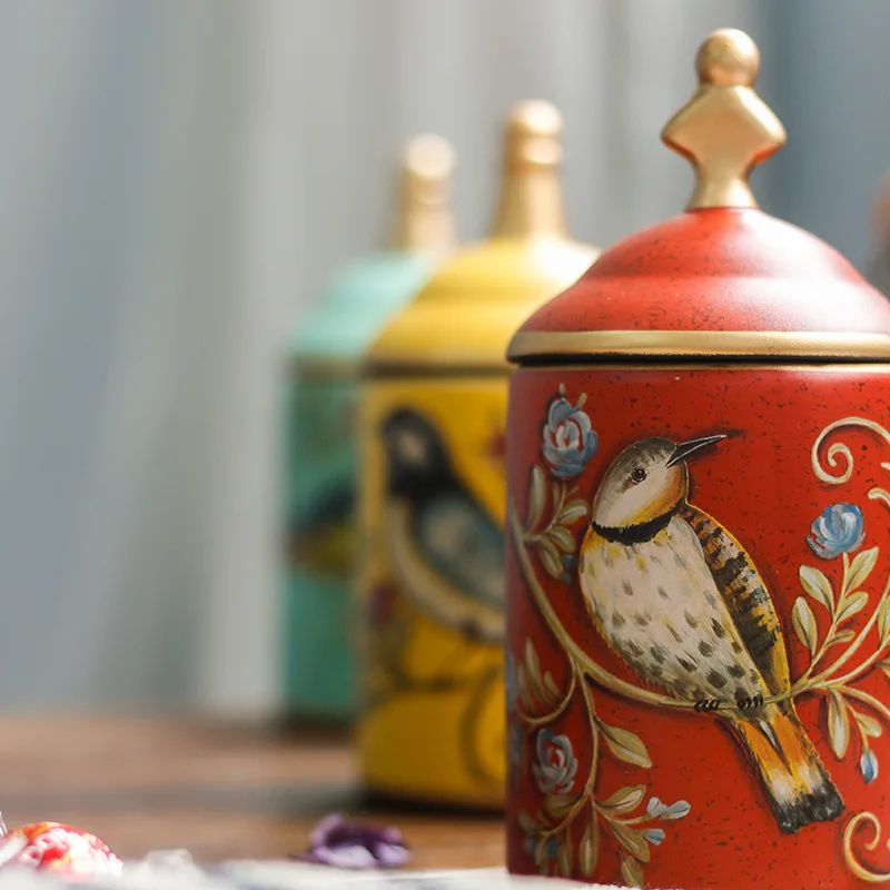 Vintage Ceramic Kitchen Canister Jars Storage Bottles Retro Tea Candy Tin Sugar Pot Pastoral Bird Printing Painted Storage Cans