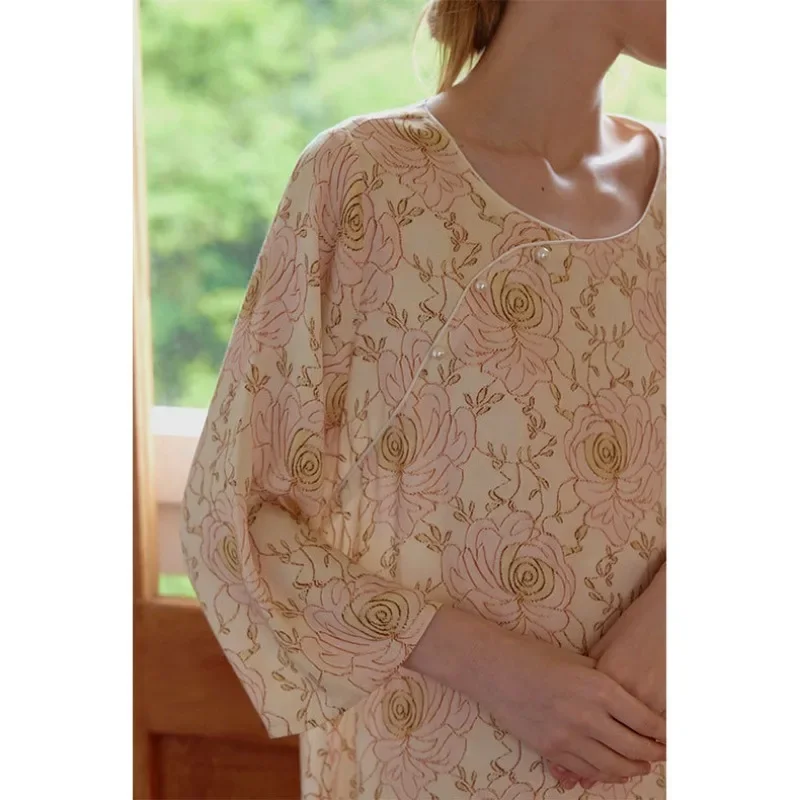 فستان نوم مطبوع عليه زهور على الطراز الصيني، فستان نوم أنيق بأكمام طويلة من الساتان، ملابس نوم مريحة للنساء