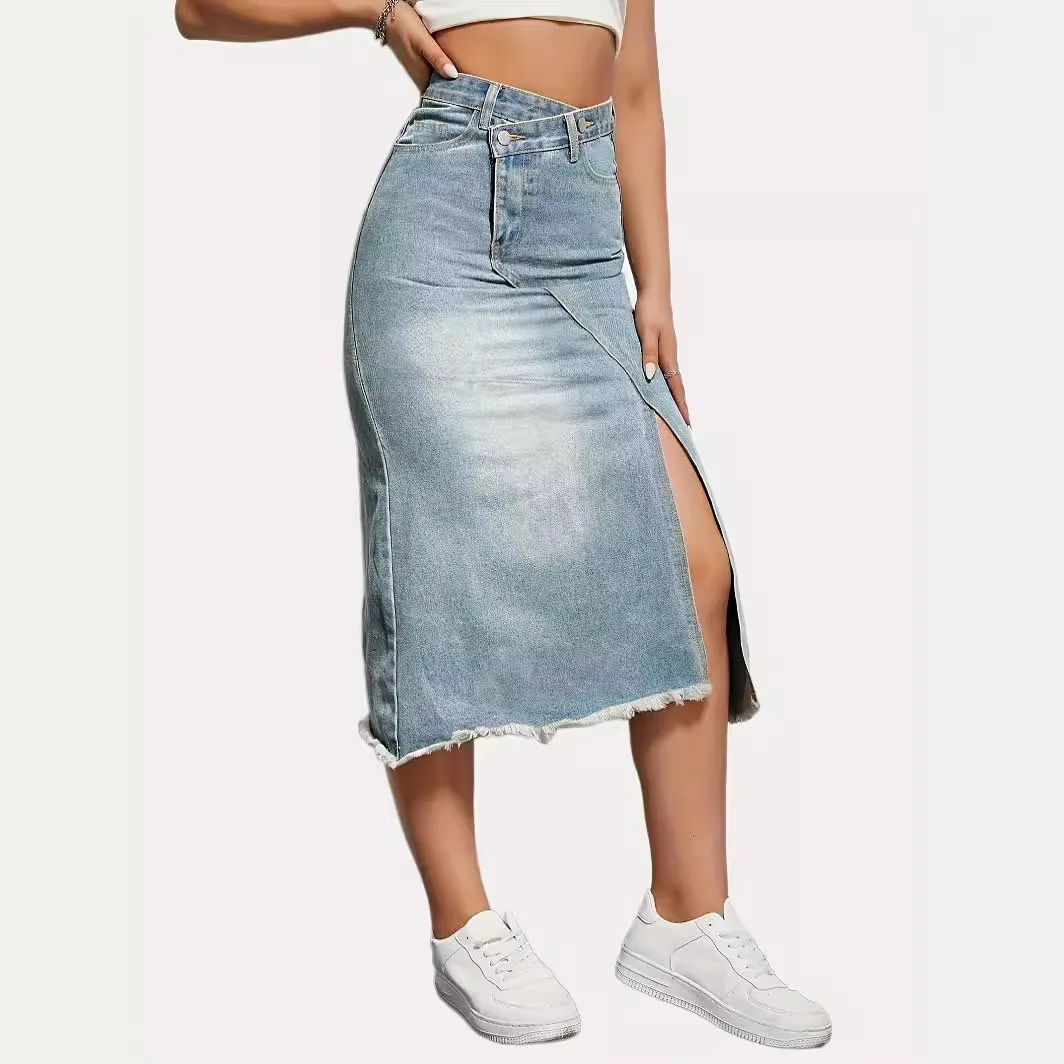 

2026 Long Skirt Women Denim Skirts Split High Waist Distressed Washed Button Pockets Summer Punk Streetwear Y2k Vintage A Line