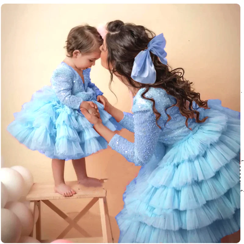 Lovely Flower Girl Dresses Layered Iight Blue Princess Birthday First Communion Ball Celebration Costume