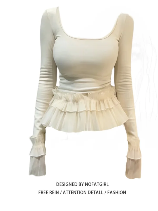 

plus Size Women's Korean Sle U-Ne Slim Fit Sweet And Spicy Lace Trim Splice Base irt Autumn Winter New Waist a Sl...