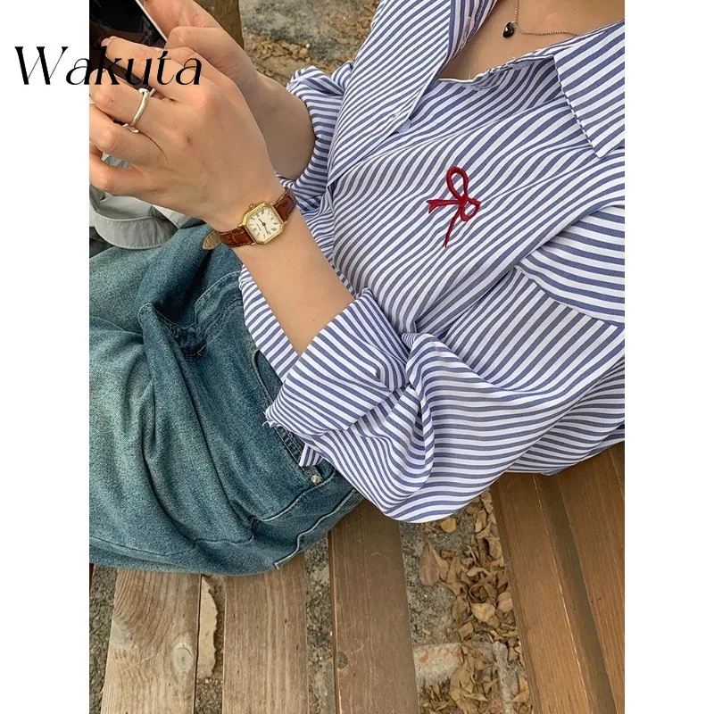 WAKUTA Korean Classic Lapel Long Sleeved Striped Shirt Versatile Embroidered Bow Loose Simple Top Streetwear 2024 Autum Blouse