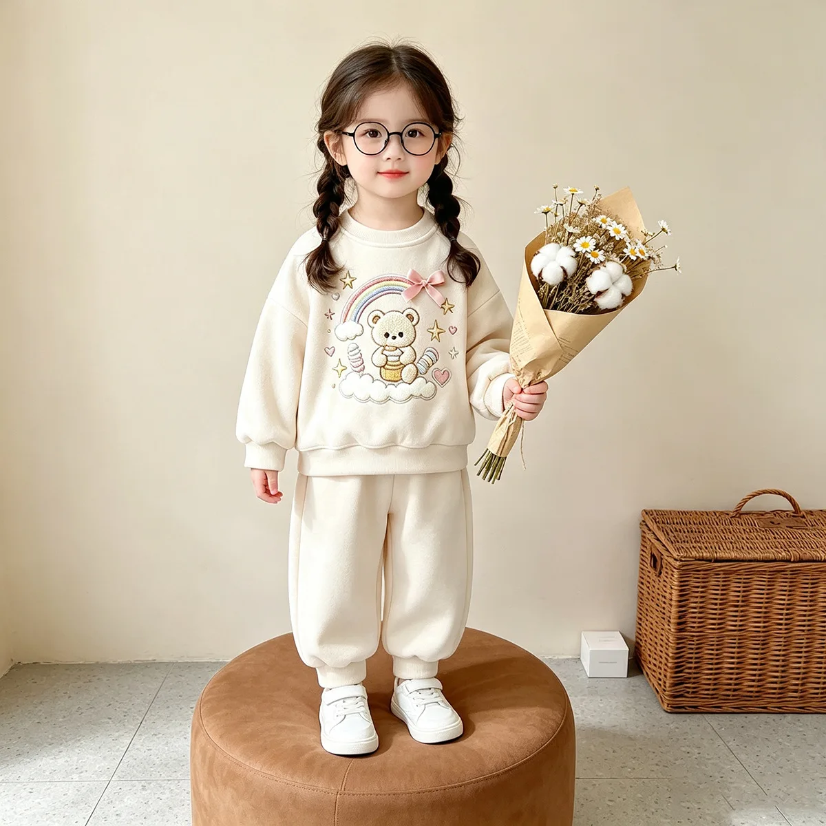 Mädchen Frühling Herbst Cartoon Sweatshirt-Set – Oberteil mit Hasen-Print & Hose mit Schleife, 2-teiliges Freizeitoutfit für Kinder – Detail 7