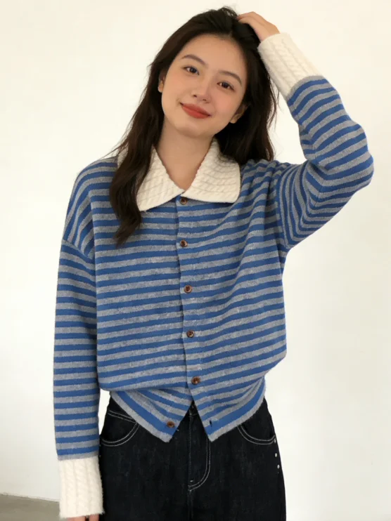 

Winter Ne Long Sve Knitted Sweater Women's Loose Fit Comfortable Sle Striped Outerwear Top for Daily Use
