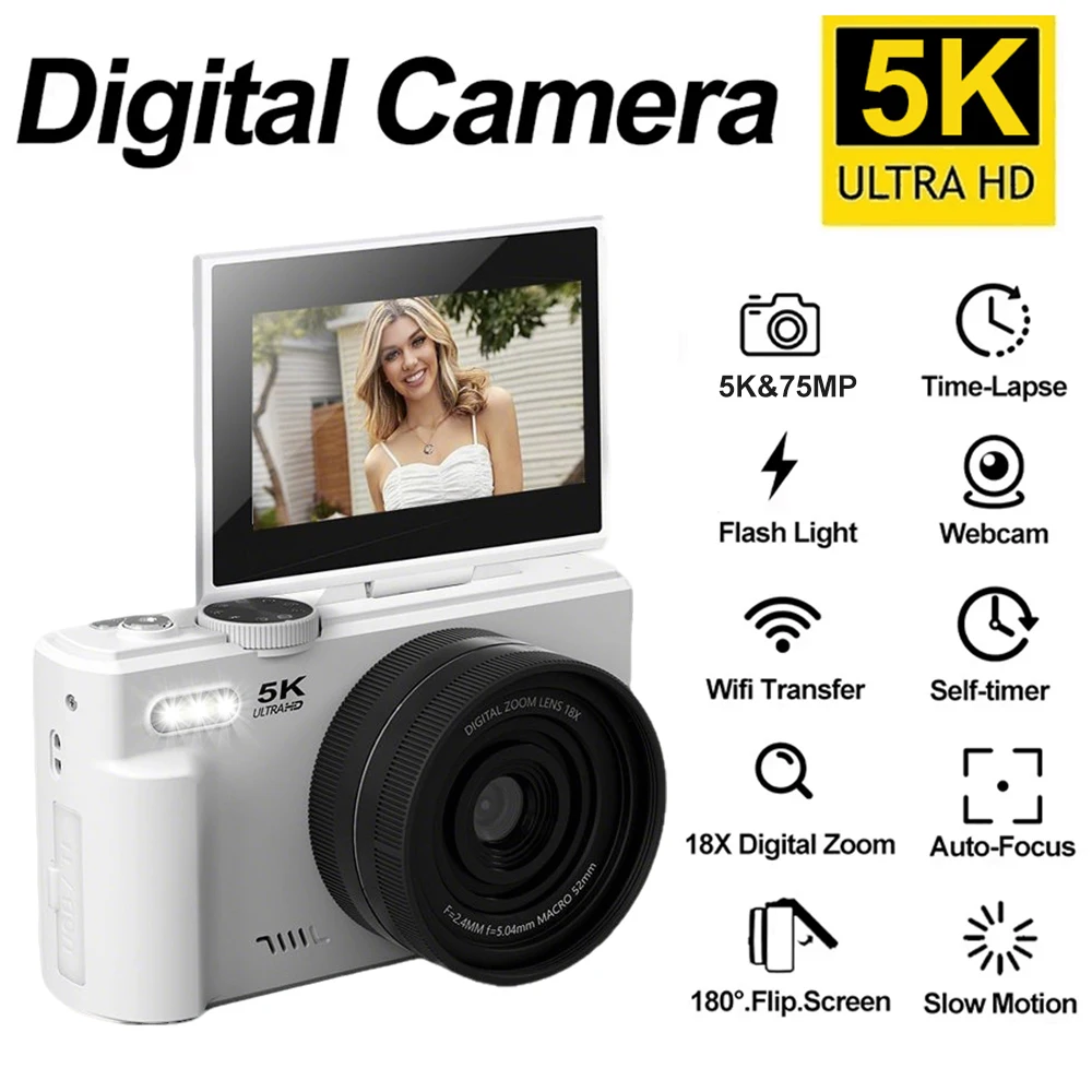 Цифровая камера 5K, фотокамера для селфи, 3 дюйма, 180 г. °   Компактный винтажный видеорегистратор с 18-кратным зумом и откидным экраном, веб-камера с Wi-Fi