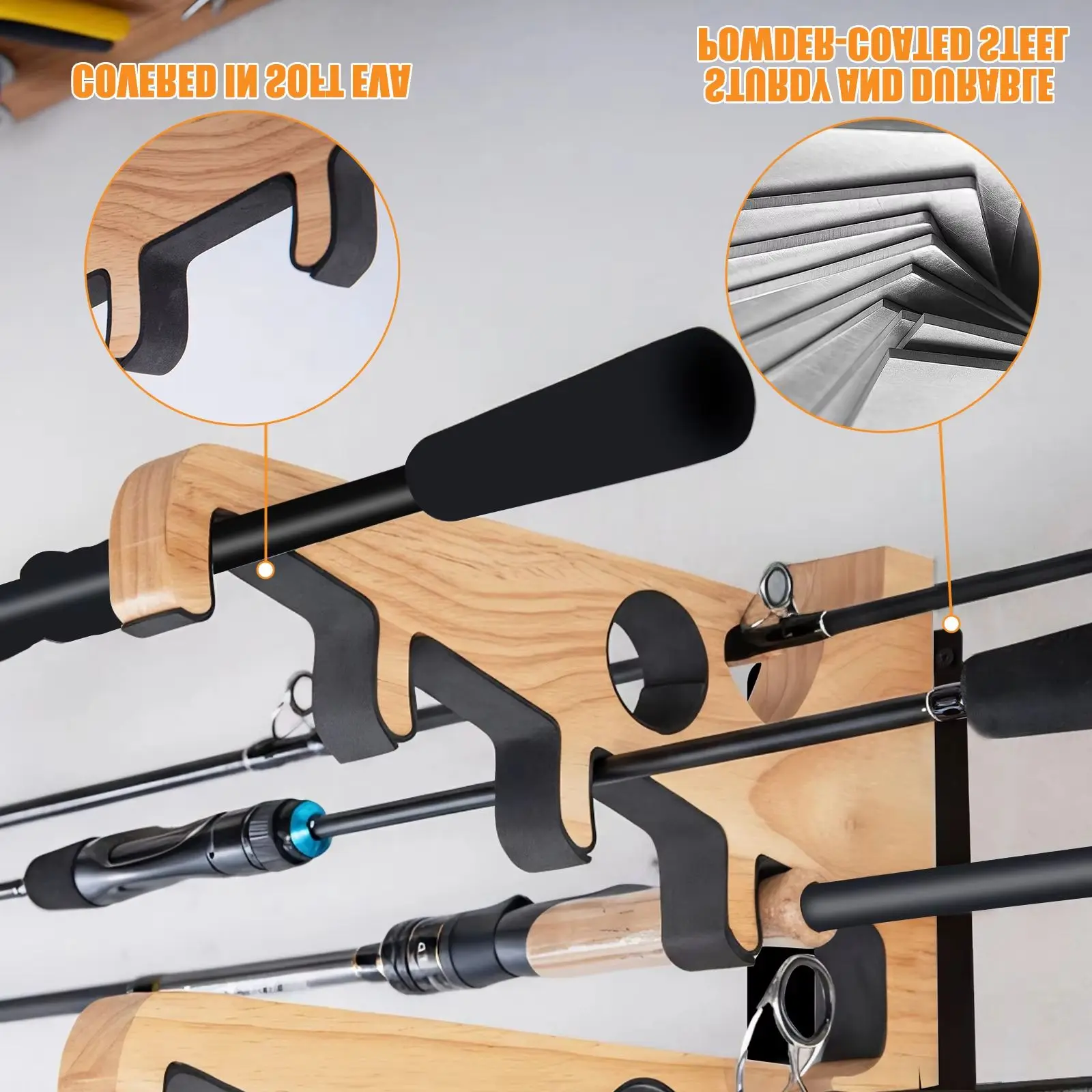 Fishing Rod Storage Rack,Three-tier Wall-mounted Solid Wood Fishing Holder, Sturdy Durable,Fishing Rod Display Fixed Rool
