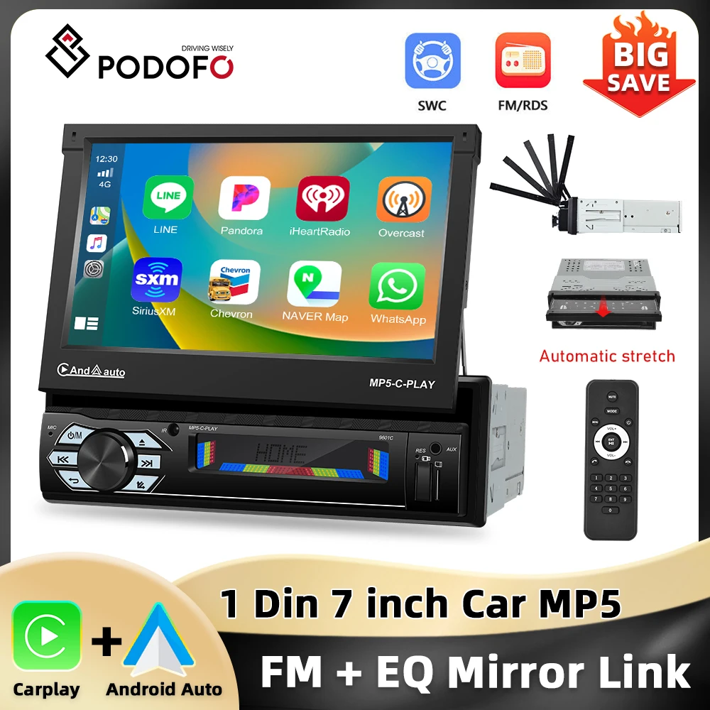 Podofo Carplay Android Car Car MP5 Player 7 ''1Din Automatic Retractable Screen Touch Screen Multimedia Player BT FM Car Stereo