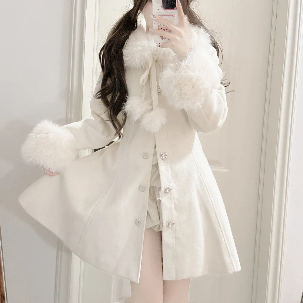 Japanese Sweet Elegant Fur Collar Splicing Long Sleeve Love Buckle Single-breasted A-line Woolen Coat Women Winter Long Jackets