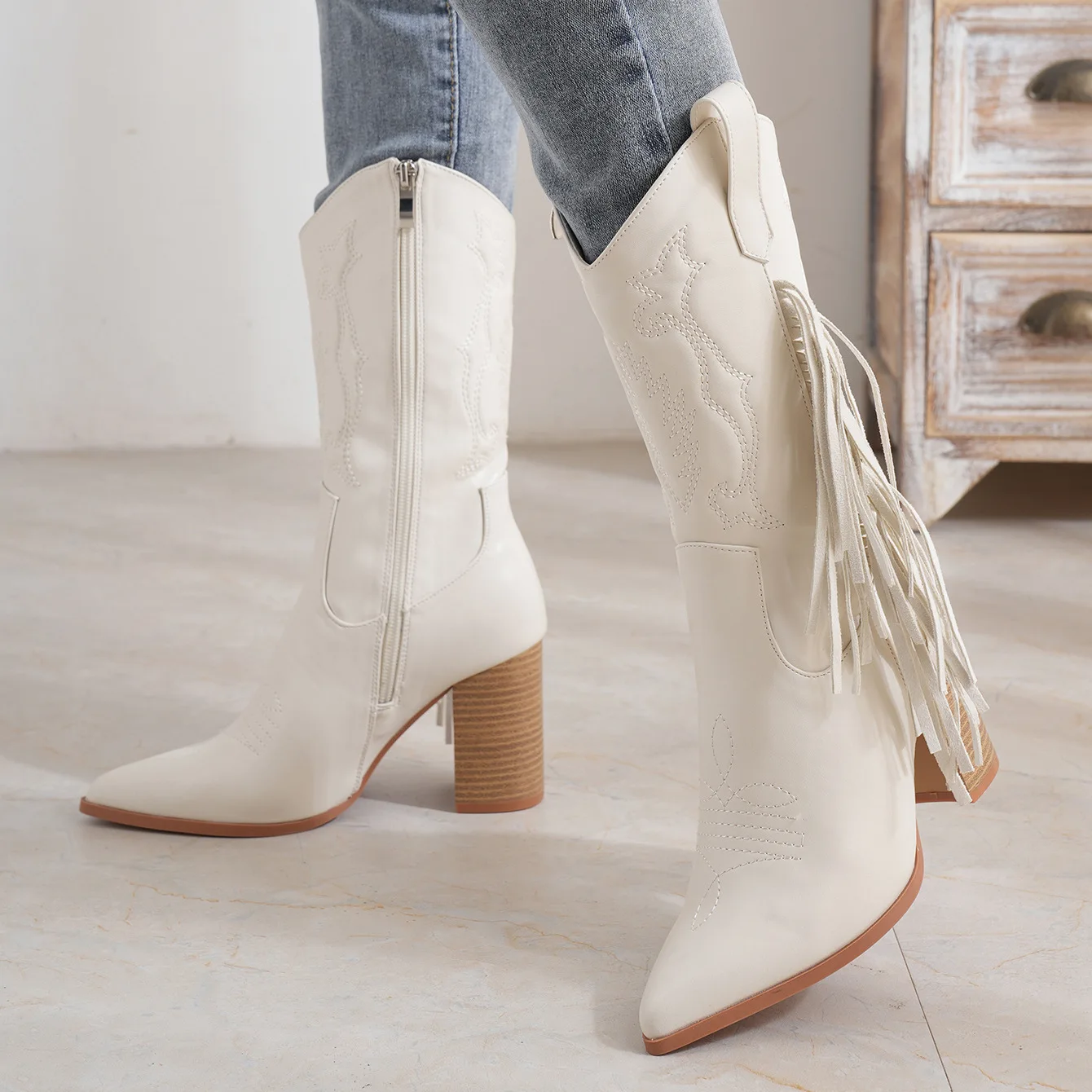 White Shoes Women\'s Cowboy Boots Winter Footwear Luxury Designer Zipper Denim 2023 High Heel Fashion Mid Calf Pointy Autumn