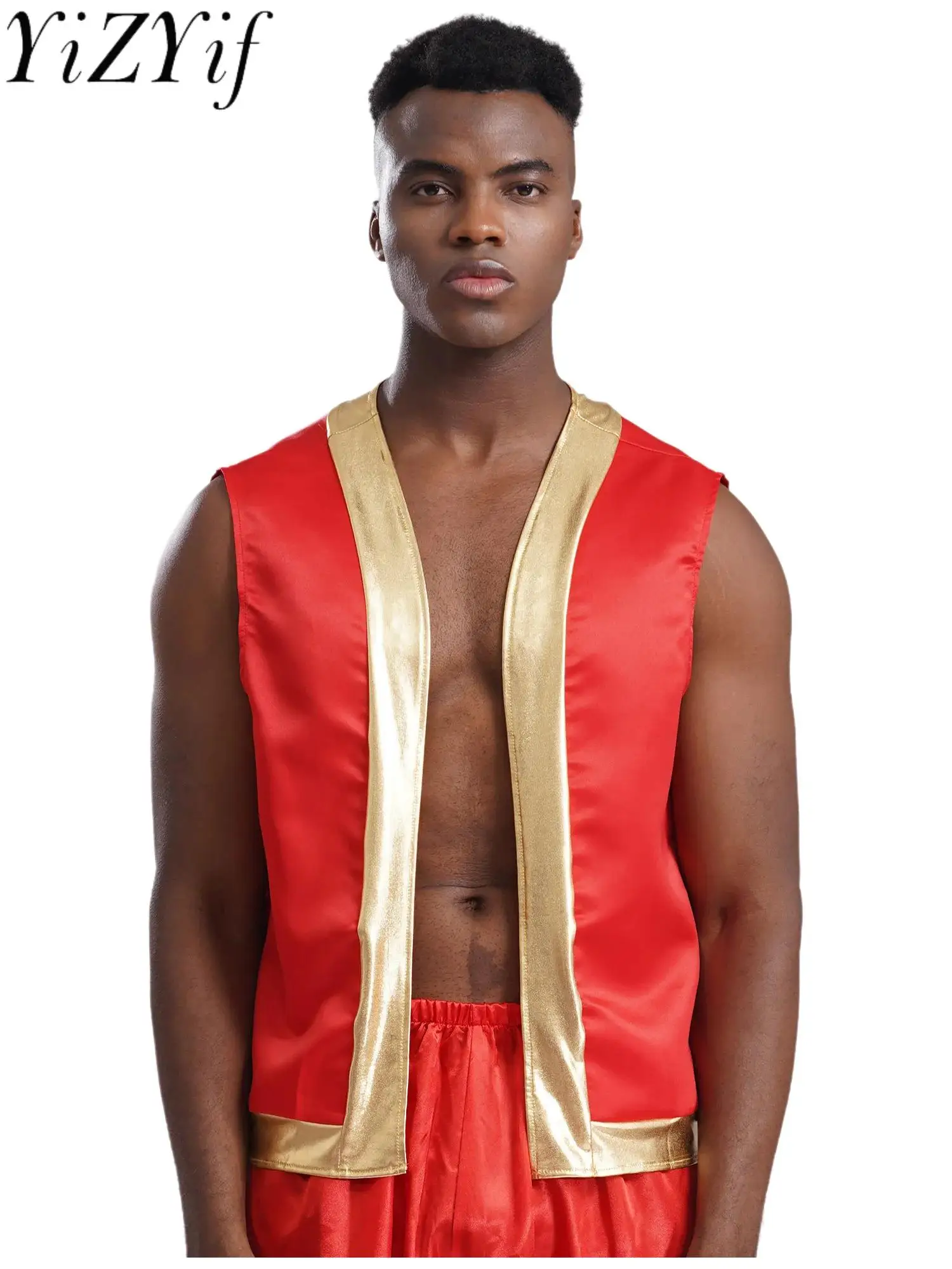 

Men Halloween Arabian Indian Folkloric Prince Cosplay Outfit Metallic Shiny Vest And Loose Harem Pants Suit for Carnival Party