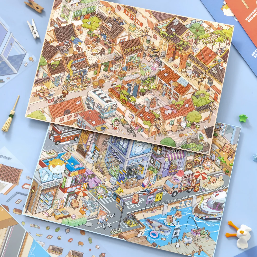 

Card Lover 5 Pcs [Street View Series] Cottage Children's Hand Account Puzzle Large Size Landscape Stickers PET Material Kit