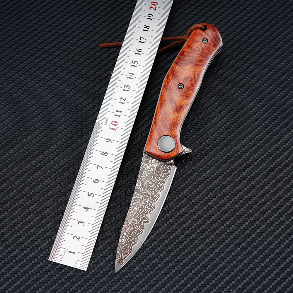 Yellow Copper Damascus Folding Knife VG10 Steel Shell/Wood Handle Outdoor Hunting Survival Camping Knives EDC Pocket Tool