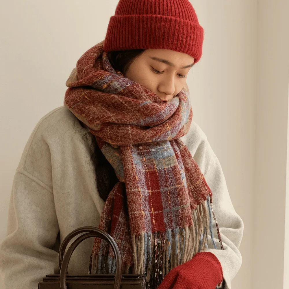 

Теплый сладкий клетчатый шерстяной шарф с кисточками, плюшевая красная длинная шаль, новогодние однотонные зимние вязаные шарфы на Рождество