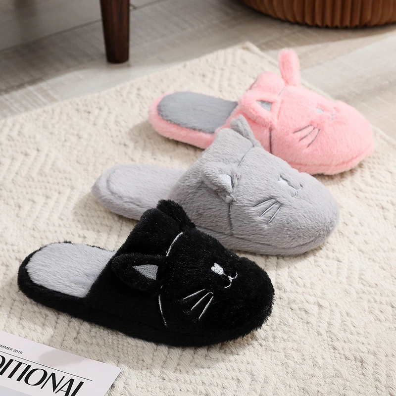 

Cat Fluffy Women's Slippers Home Autumn Winter Cartoon Designer Woman Shoes Soft Faux Fuzzy Fur Slides Girls Non-Slip Fashion