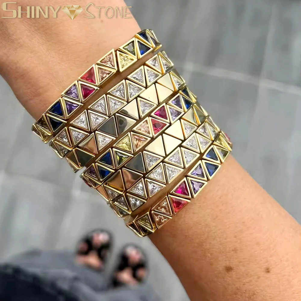 

White Rainbow Colorful Geometric Triangle CZ Shaped Bling Cubic Zirconia Stretchy Stretch Tennis Bracelet Fashion Women Jewelry