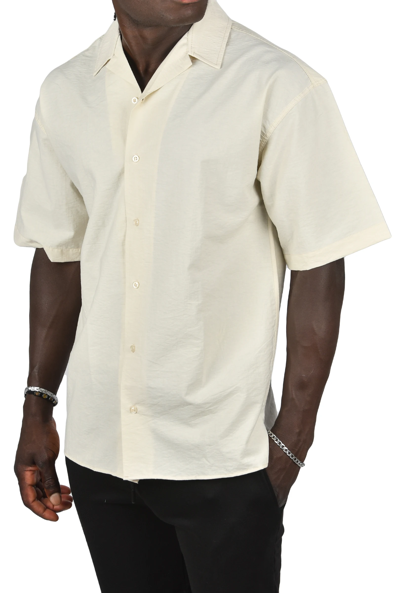 DeepSEA Oven Collar Seafloin Fabric Button Short Sleeve Oversize Shirt 2403017