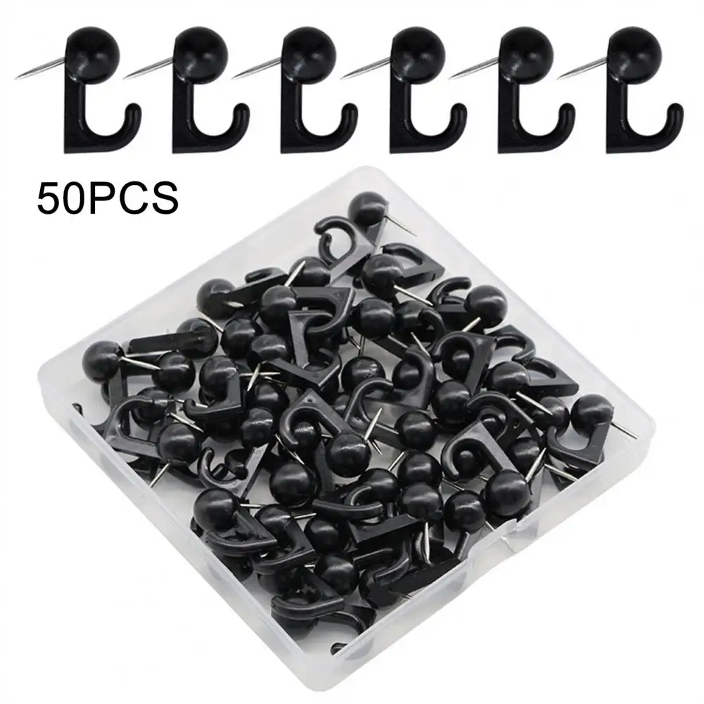 50Pcs Push Pin with Hook Plastic Box Black Cork Bulletin Board Whiteboard Wall Map Photo Fixing Thumbtack Office Home Supplies