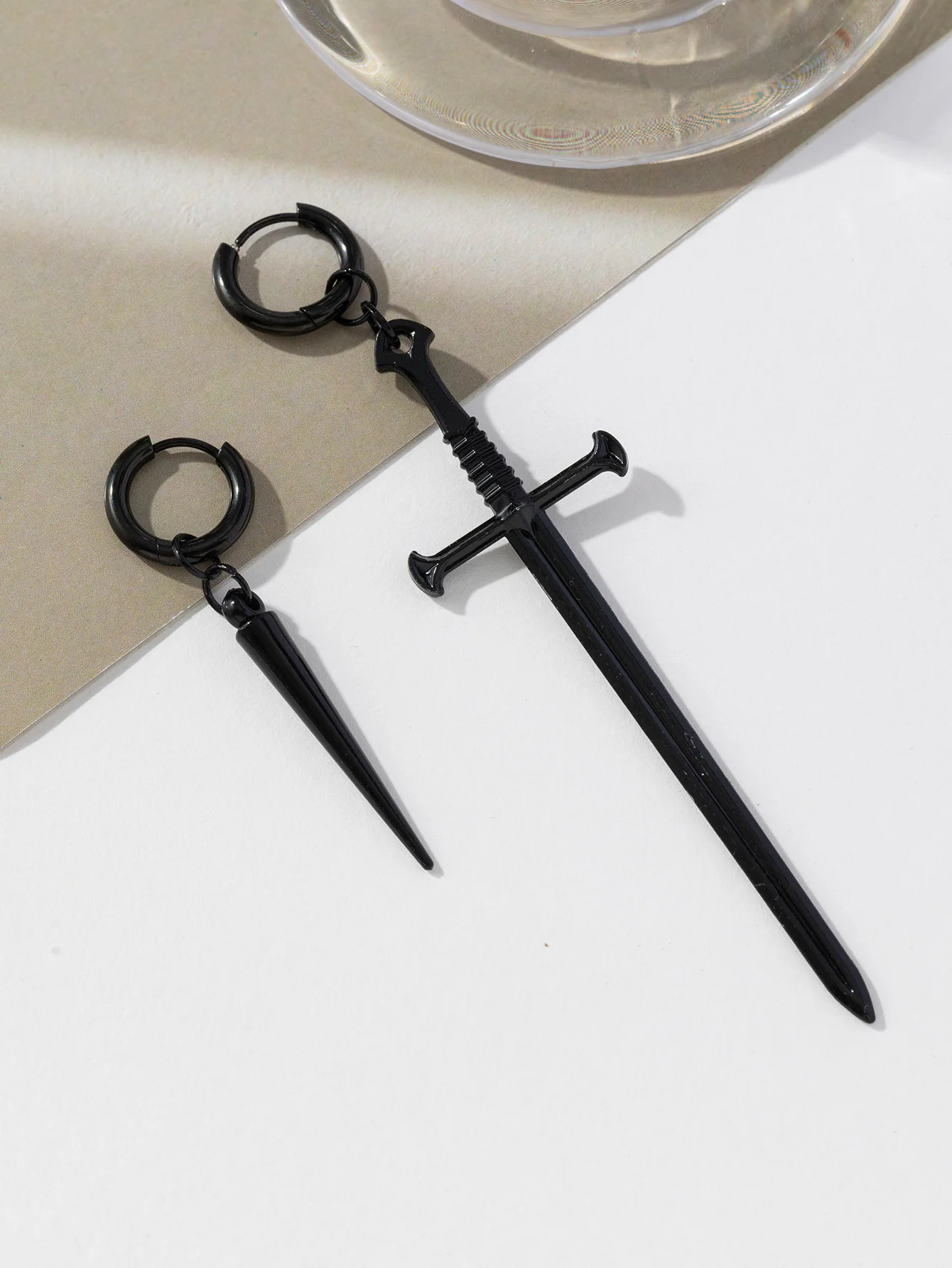 

Handmade Y2k Alternative Fashion Earrings/Onyx Warrior Variant/Asymmetrica/Black Sword & Pointed Stud Earrings