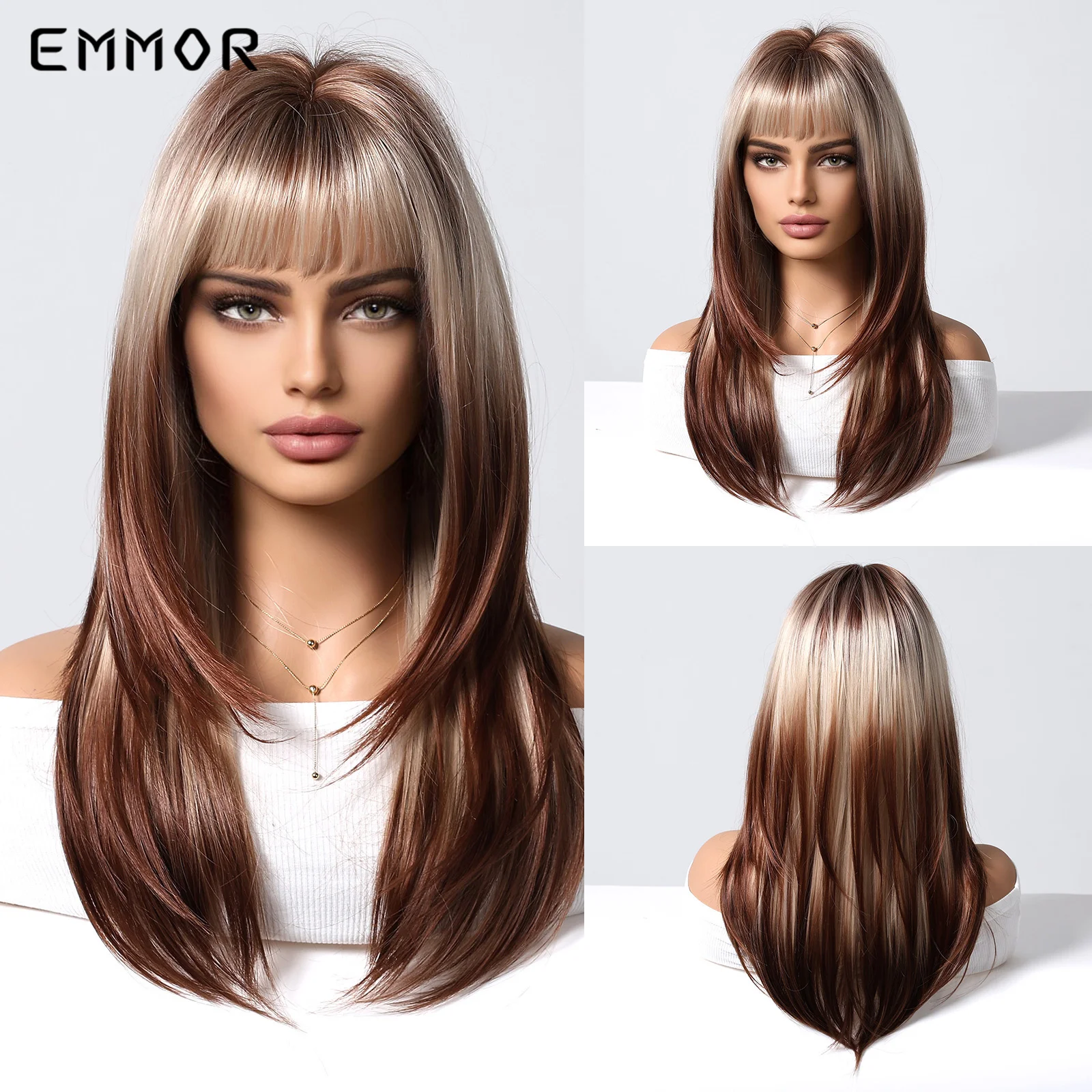 Emmor Wig sintetik Ombre cokelat ke pirang dengan Wig rambut poni Cosplay Wig tahan panas alami untuk Wig rambut sehari-hari wanita