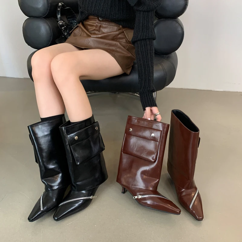 

Woman Brown Boots Low Heels Pointed Toe Pocket Designer Shoes Fall Zipper Trousers High Heels Ankle Boots 2025 Tendencia