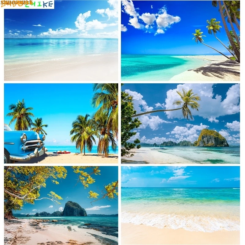 

Tropical Beach Natural Landscape Photography Backdrops Landscape Blue Sky Sea Palm trees Summer Vacation Photo Background ST-01