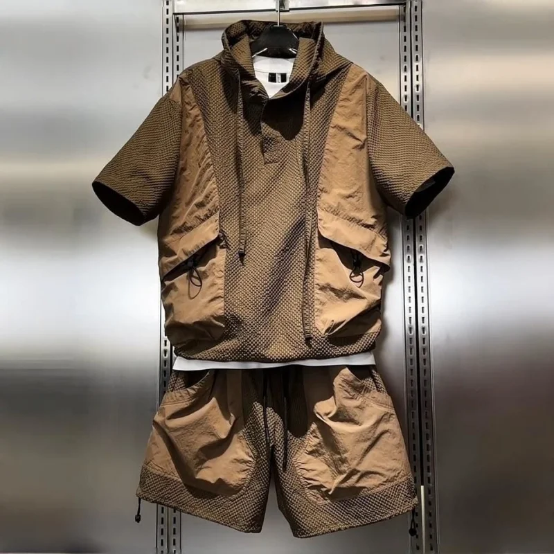Summer Quick Dry Hooded Tracksuit, Men Korean Outdoor Cargo Short Sleeve & Shorts, Loose Casual Two-Piece Outfit