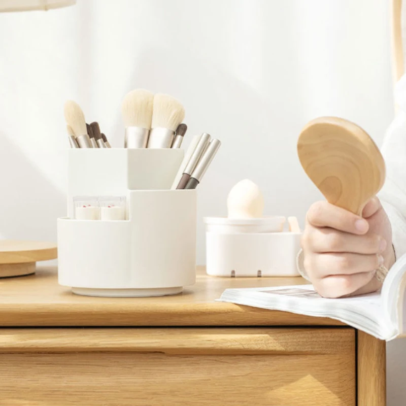 قطعة واحدة من حامل القلم الدوار، صندوق تخزين أقلام سطح المكتب للطلاب المكتبي، صندوق فرشاة للمكياج بثلاث فتحات لتخزين المكتب