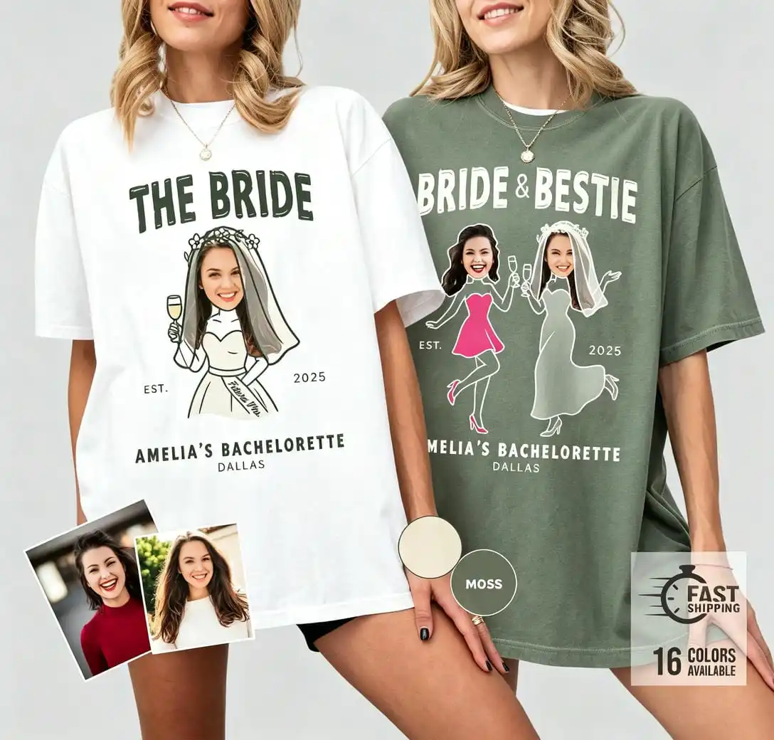 Personalized Bride Face Photo Shirt  Bachelorette Party Favor Custom Name City EST Year Bridal Shower Wedding Gift Comfort Top