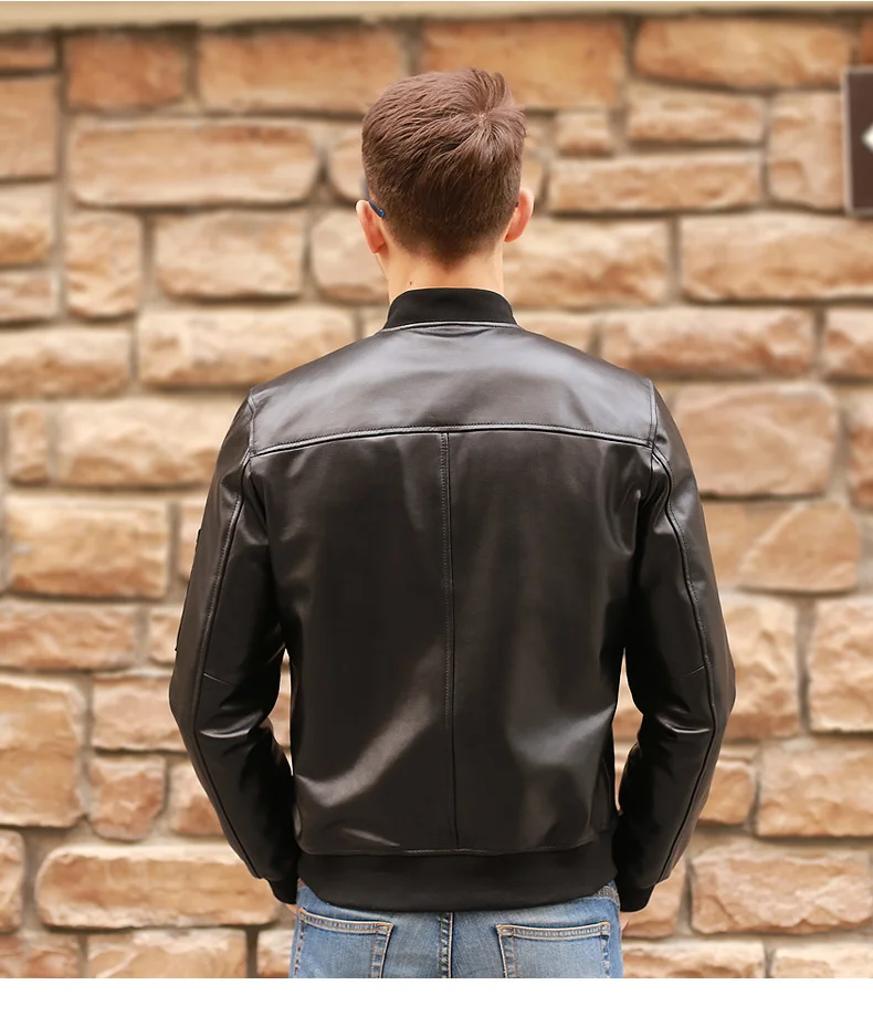 shipping.wholesales,Soft Genuine leather Free Jacket,classic bomber leather jacket for man.black slim sheepskin coat.quality